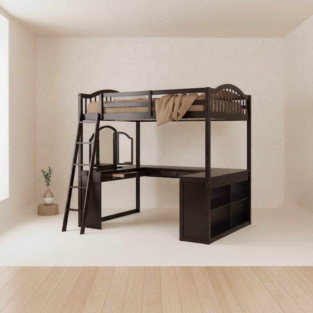Full Wooden Loft Bed with U-shaped Desk,Storage Compartments and Tri-fold Mirror