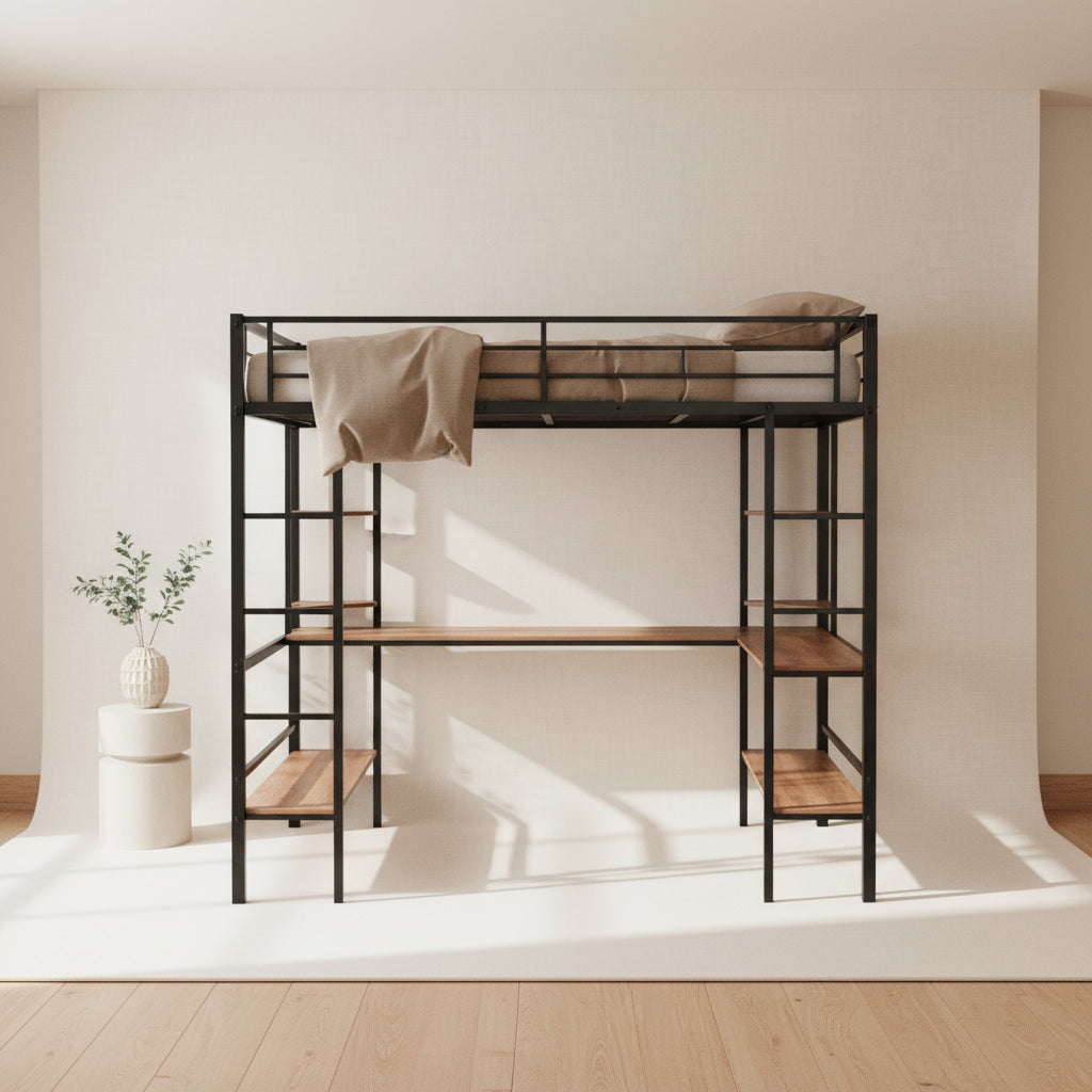 Full Size Loft Metal & MDF Bed with Long Desk and Shelves