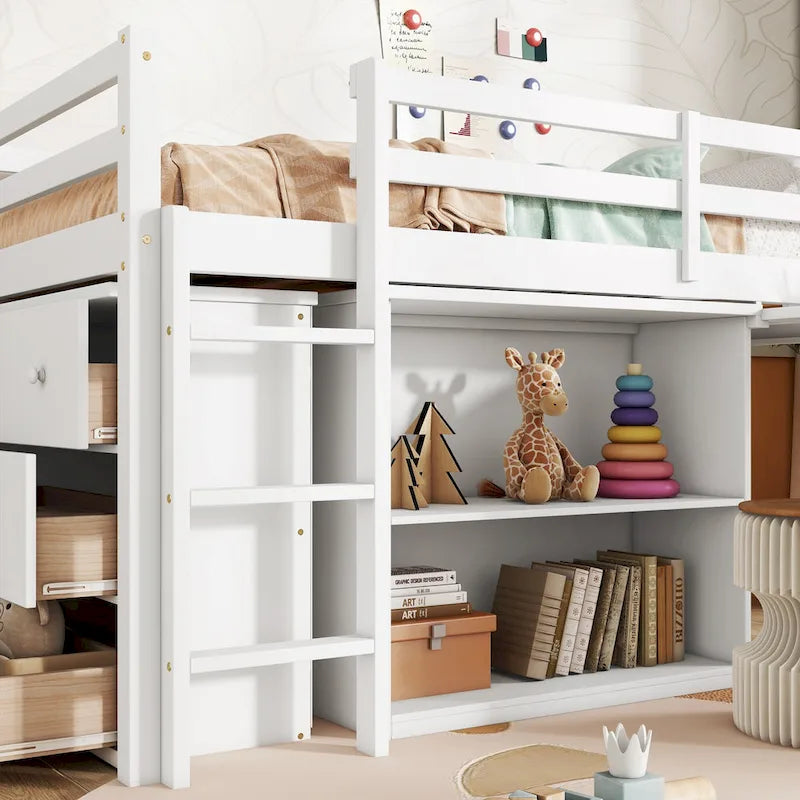 Lit mezzanine jumeau avec bureau coulissant, armoire à 3 tiroirs et étagères