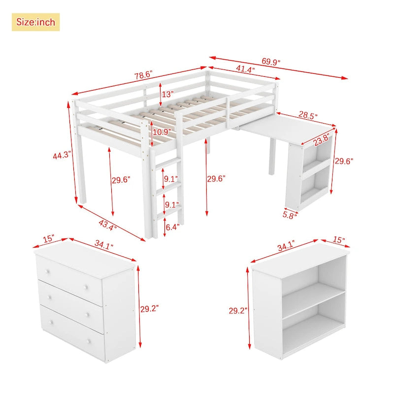 Lit mezzanine jumeau avec bureau coulissant, armoire à 3 tiroirs et étagères