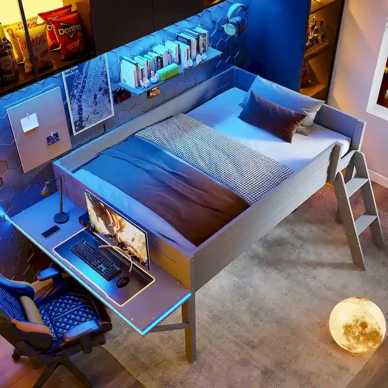 Lit mezzanine gamer tout en bois avec bureau et rangements