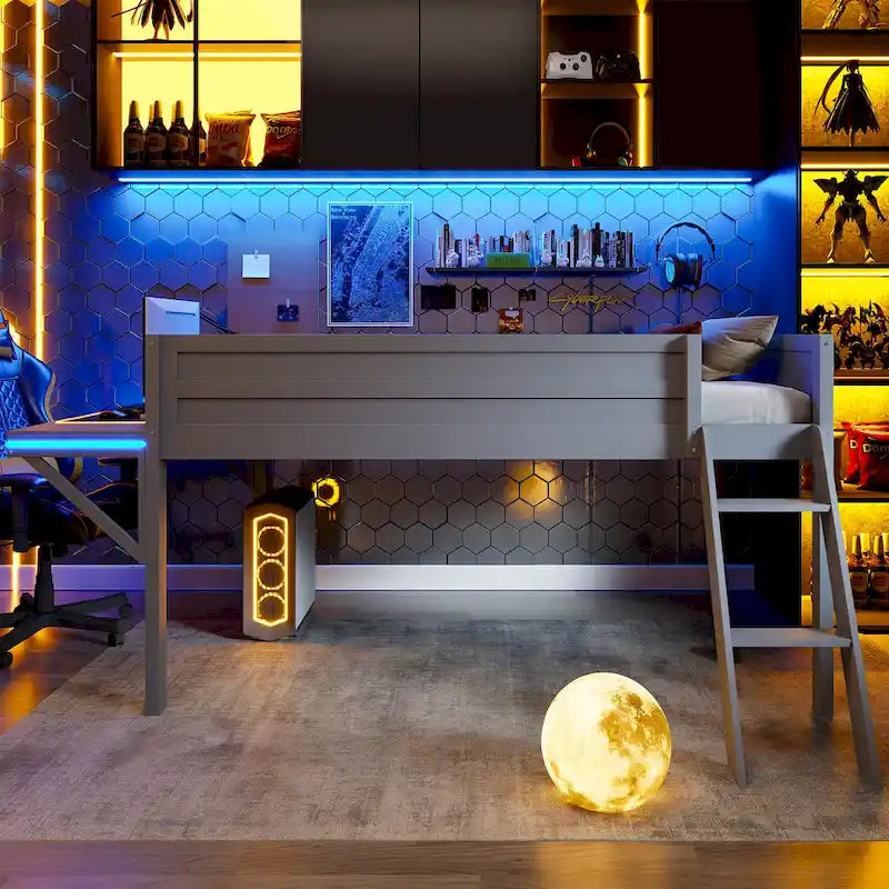 Lit mezzanine gamer tout en bois avec bureau et rangements