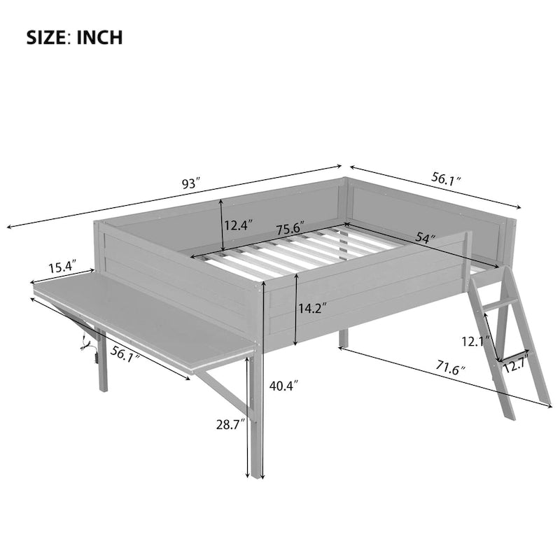 Lit mezzanine gamer tout en bois avec bureau et rangements