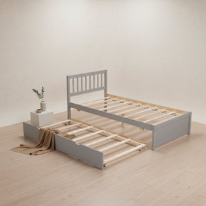 Cadre de lit plateforme double en noyer gris et hévéa avec lit gigogne, design moderne, pas besoin de sommier tapissier