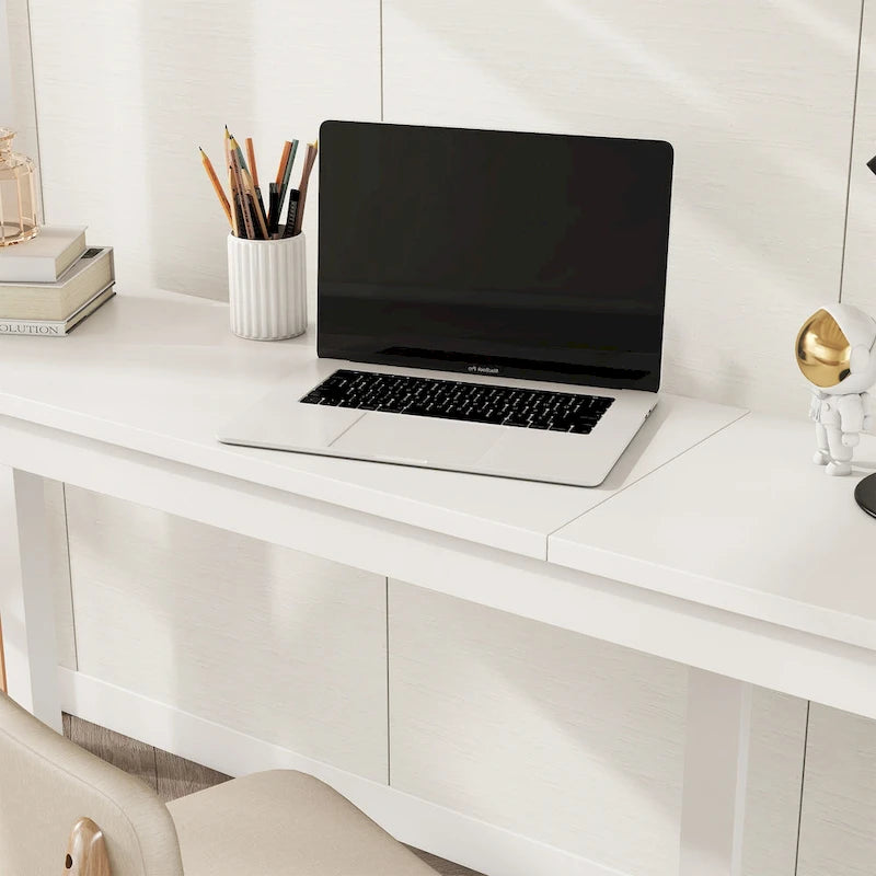White Twin Size Wood Loft Bed with Desk, Storage, and Ladder