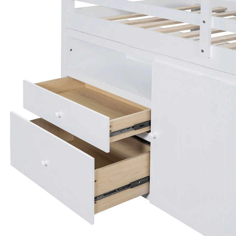 Lit mezzanine en bois massif de taille double avec tiroirs et armoires