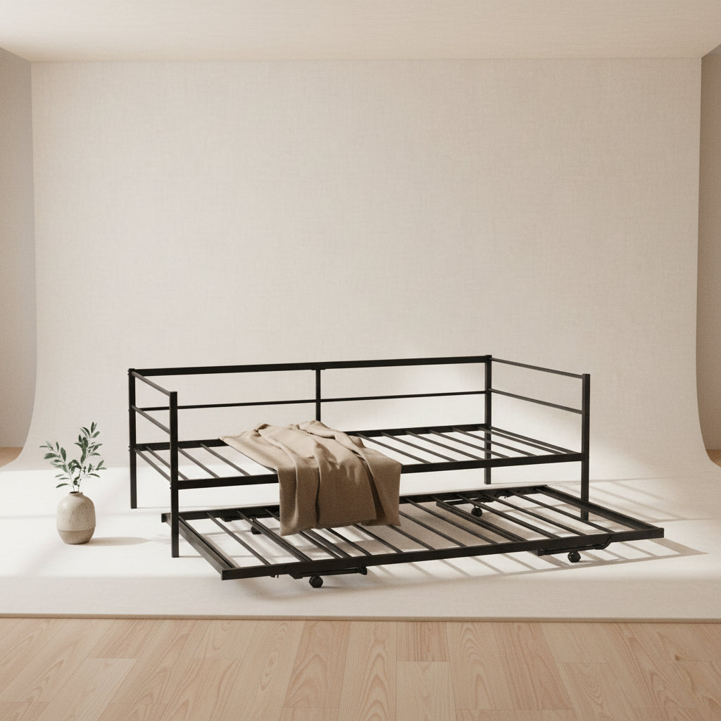 Twin Size Black Metal Daybed with Pop-up Trundle