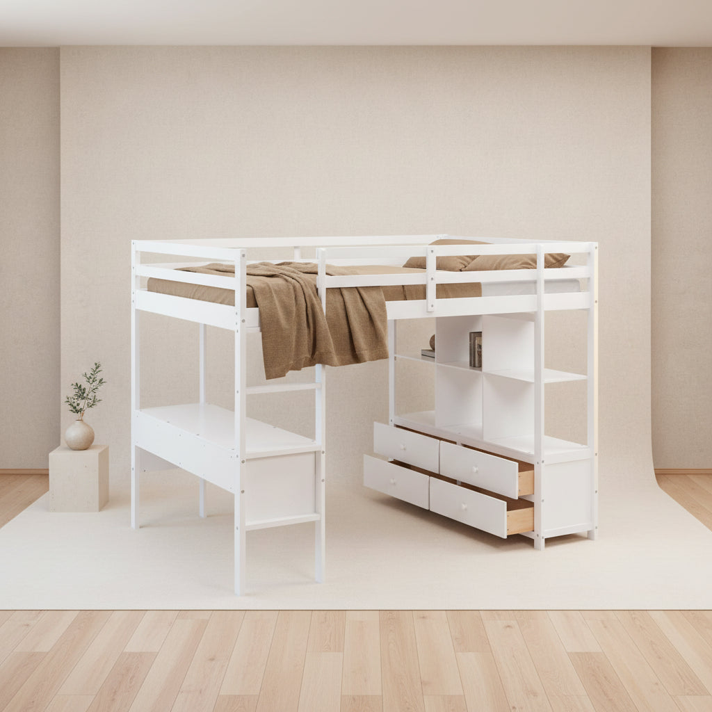 Full Size Wooden Loft Bed with Built-in Desk with Two Drawers, and Storage Shelves and Drawers For Kids