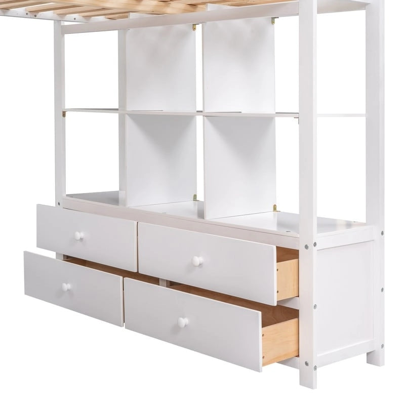Lit mezzanine en bois pleine grandeur avec bureau intégré à deux tiroirs, étagères de rangement et tiroirs pour enfants
