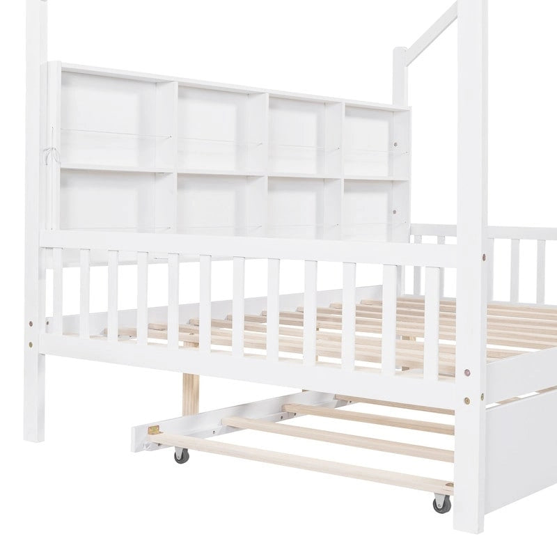 Lit cabane en bois de taille standard avec lit gigogne, lit pour enfants avec étagère