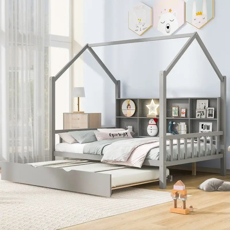 Lit cabane en bois de taille standard avec lit gigogne, lit pour enfants avec étagère