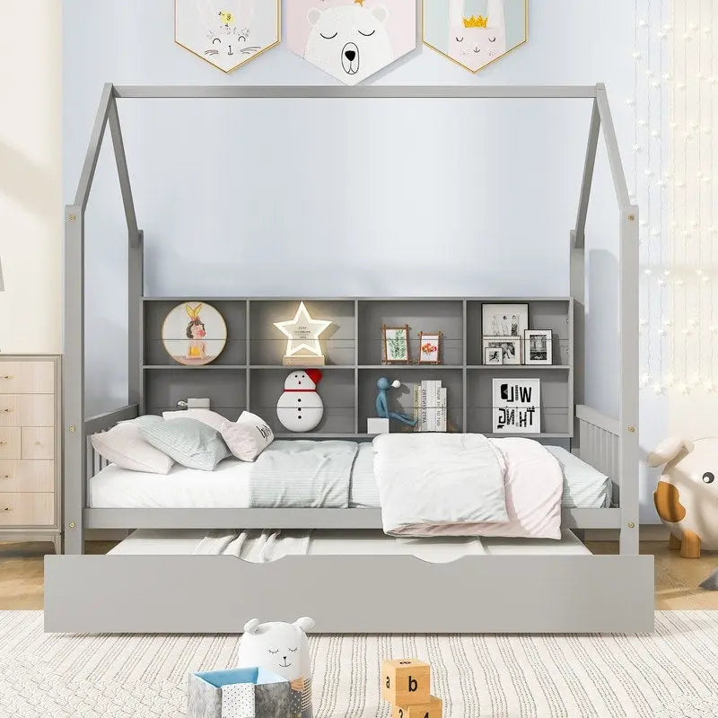 Lit cabane en bois de taille standard avec lit gigogne, lit pour enfants avec étagère