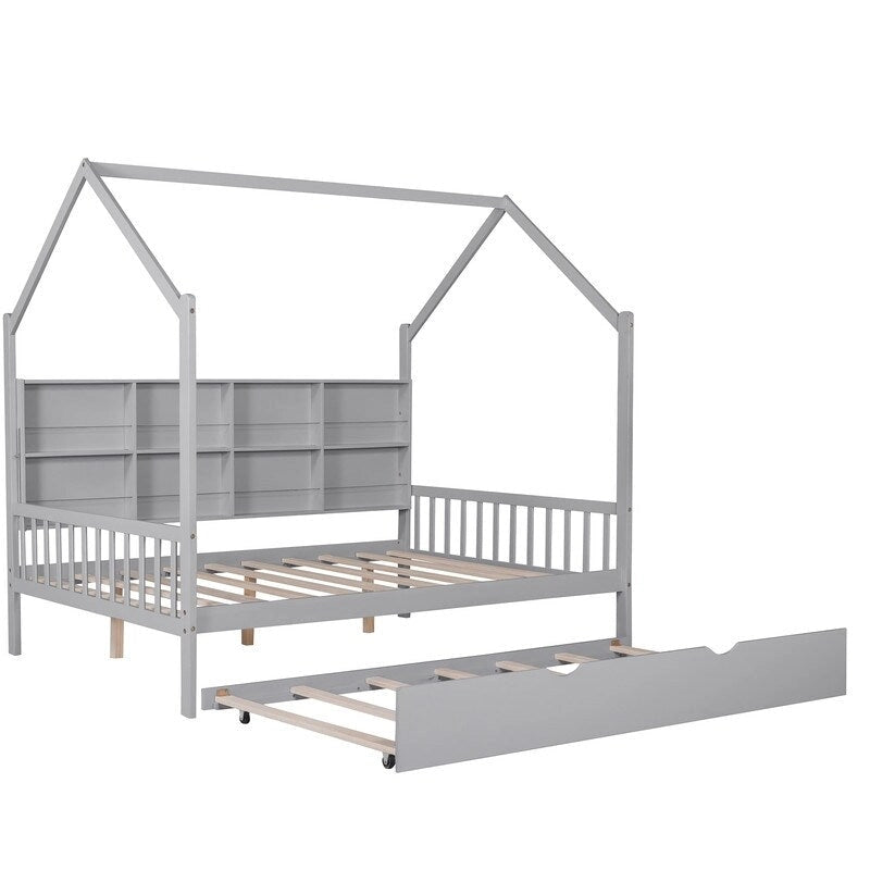 Lit cabane en bois de taille standard avec lit gigogne, lit pour enfants avec étagère