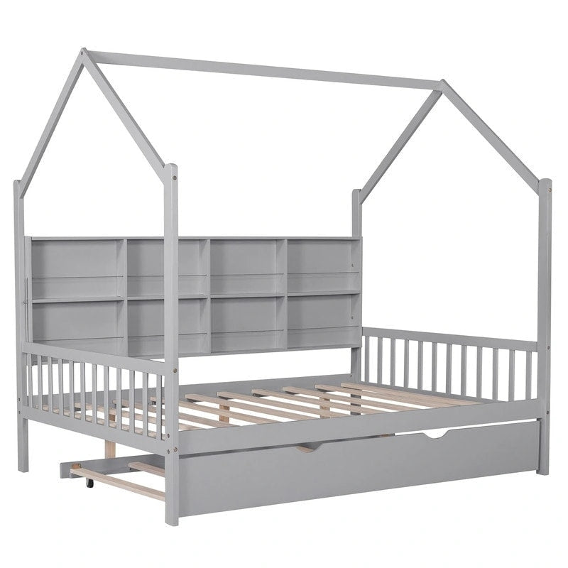 Lit cabane en bois de taille standard avec lit gigogne, lit pour enfants avec étagère