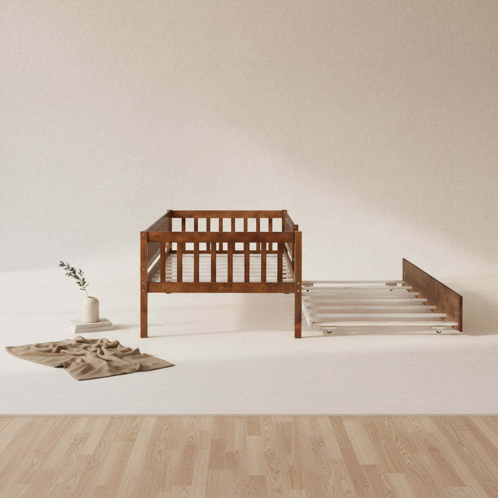 Twin Size Wood Daybed with Trundle and Fence Guardrails