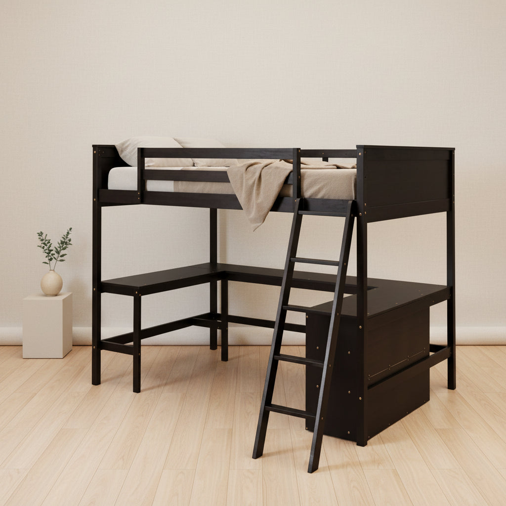 Full size Loft Bed with Shelves and Desk, Wooden Loft Bed with Desk - Espresso