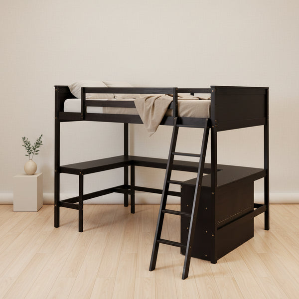 Full size Loft Bed with Shelves and Desk, Wooden Loft Bed with Desk - Espresso