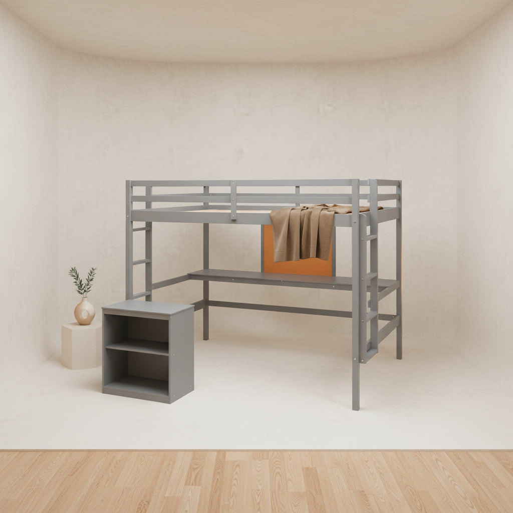 Full size Loft Bed with Desk and Writing Board, Wooden Loft Bed with Desk & 2 Drawers Cabinet- Espresso