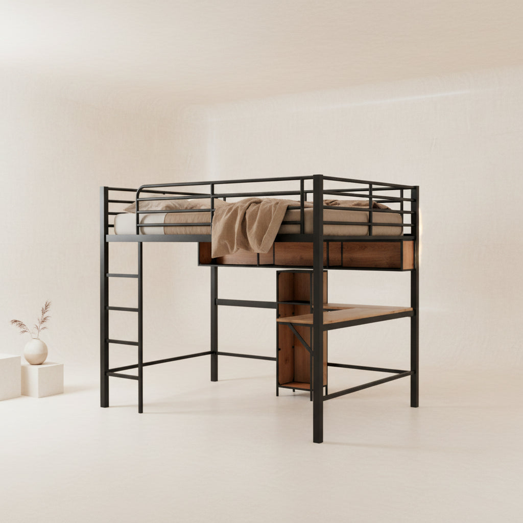 Full Size Metal & Wood Loft Bed with L -shaped desk and shelves, Black and Brown