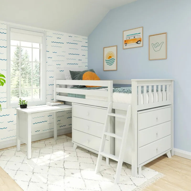 Lit bas mezzanine simple avec bureau coulissant et commodes à 3 tiroirs