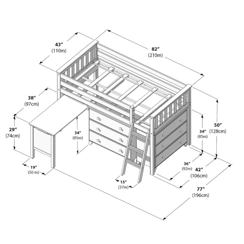 Lit bas mezzanine simple avec bureau coulissant et commodes à 3 tiroirs