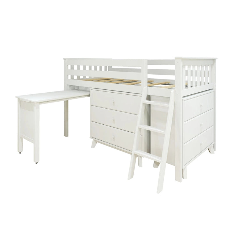Lit bas mezzanine simple avec bureau coulissant et commodes à 3 tiroirs