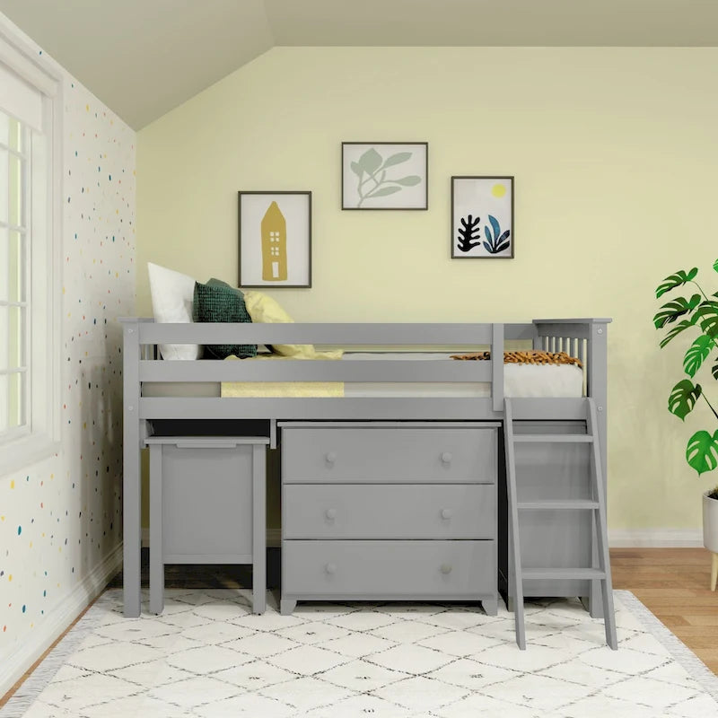 Lit bas mezzanine simple avec bureau coulissant et commodes à 3 tiroirs