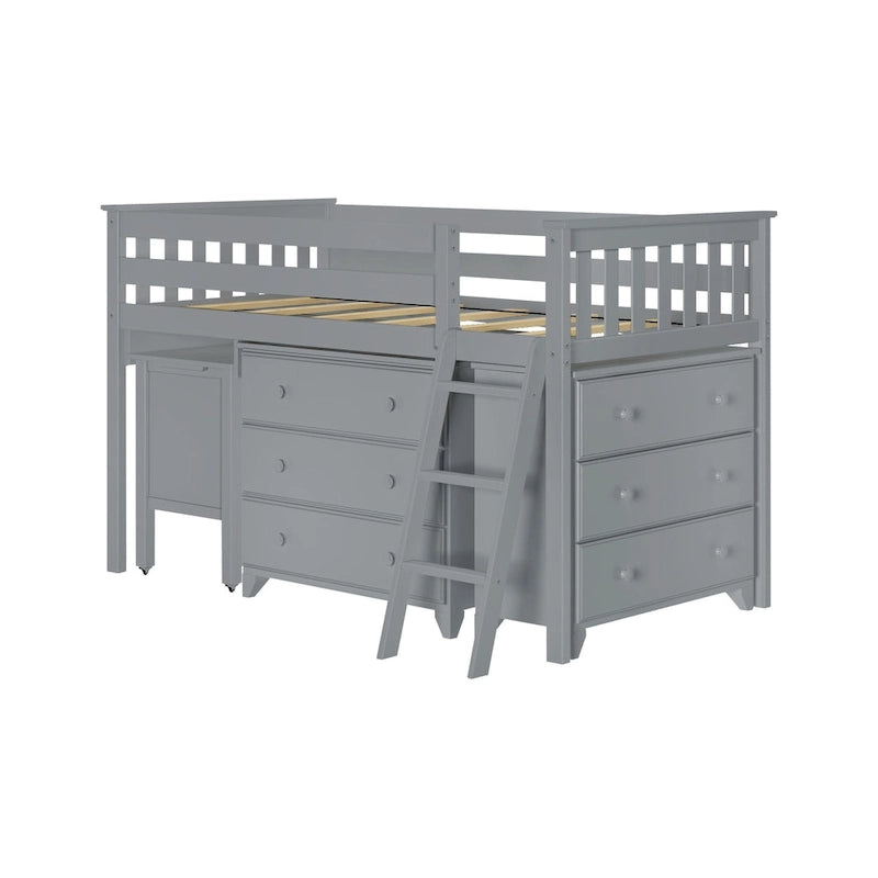 Lit bas mezzanine simple avec bureau coulissant et commodes à 3 tiroirs