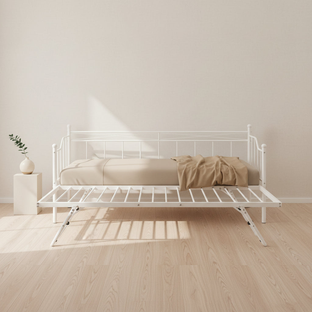 Twin Size Metal Daybed with Twin Size Adjustable Trundle, Portable Folding Trundle