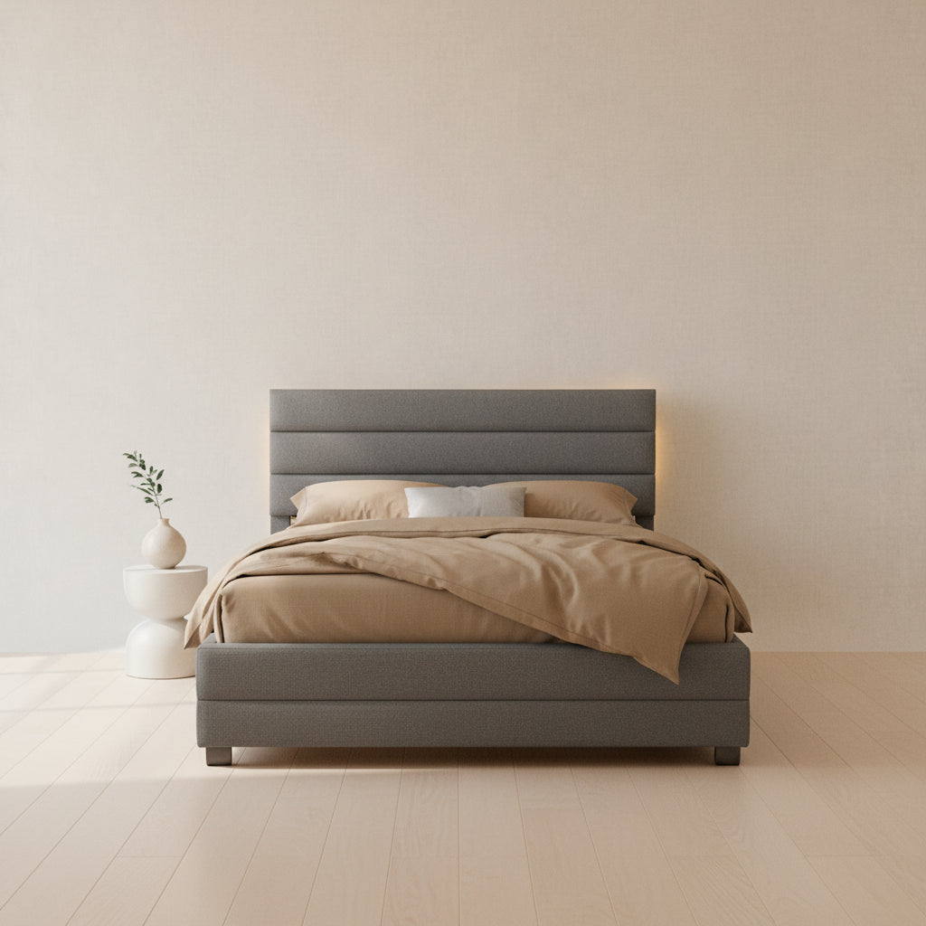 Lit plateforme capitonné Queen beige, lit gigogne, tiroirs de rangement, design moderne, cadre robuste