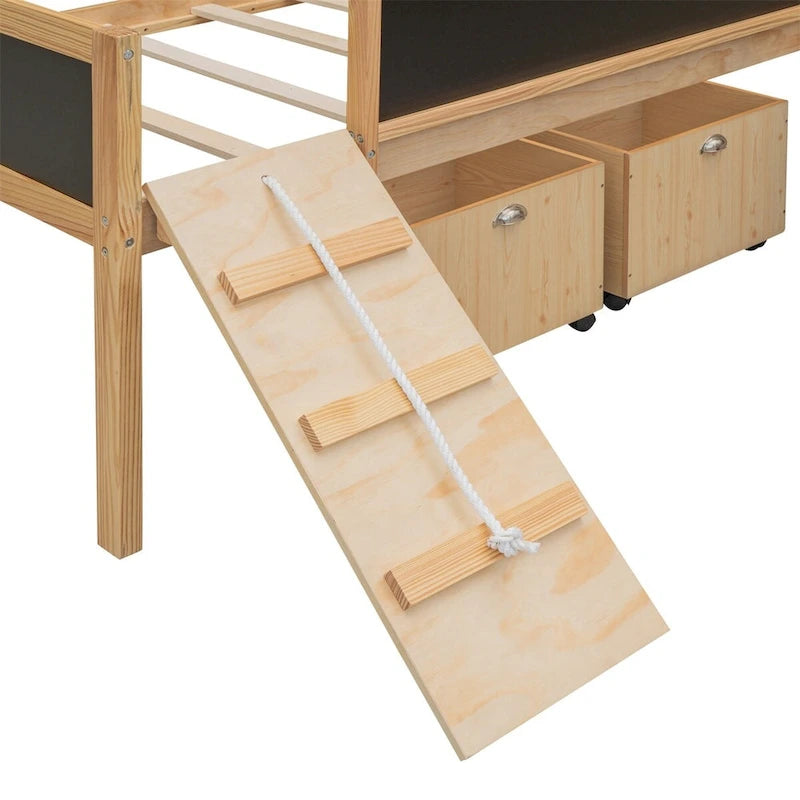 Lit mezzanine en bois, format jumeau, avec deux boîtes de rangement