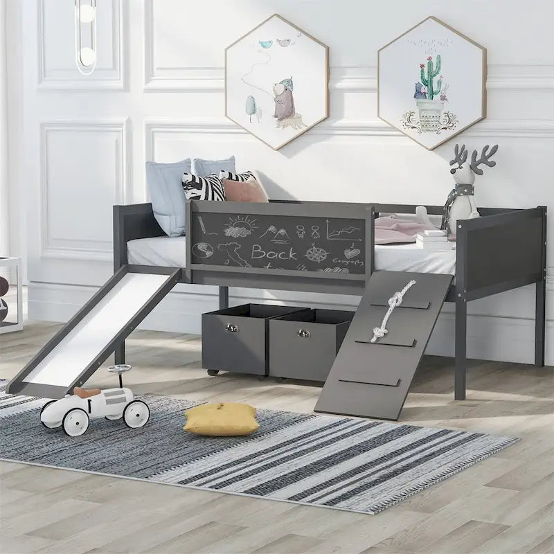 Lit mezzanine en bois, format jumeau, avec deux boîtes de rangement