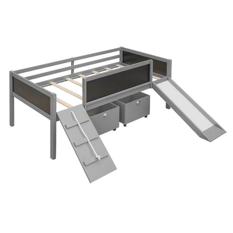 Lit mezzanine en bois, format jumeau, avec deux boîtes de rangement