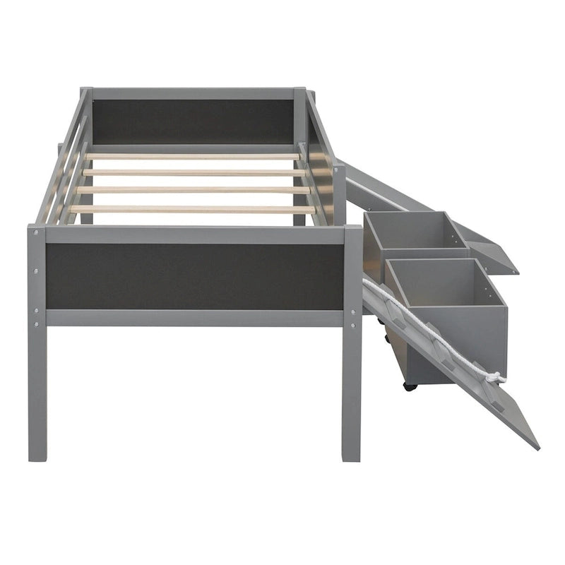 Lit mezzanine en bois, format jumeau, avec deux boîtes de rangement