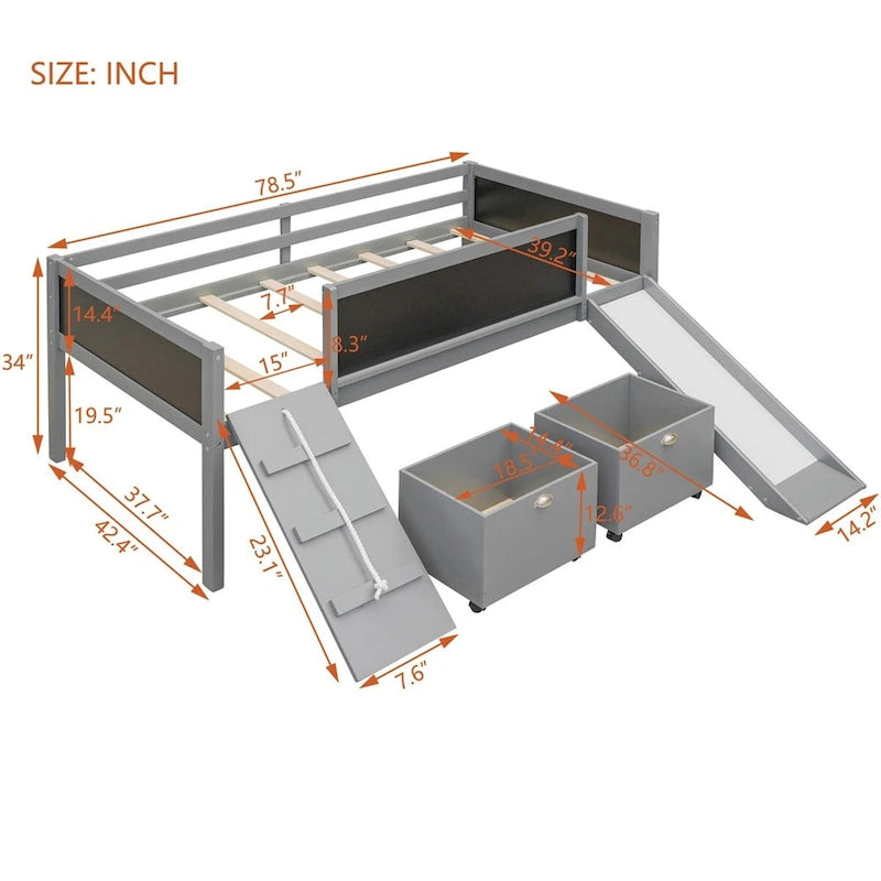 Lit mezzanine en bois, format jumeau, avec deux boîtes de rangement