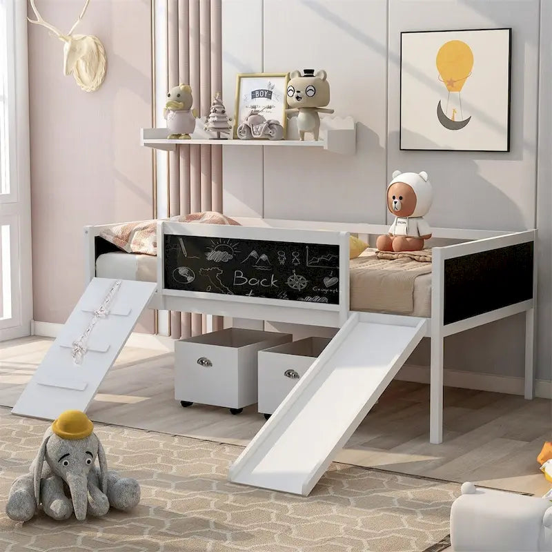 Lit mezzanine en bois, format jumeau, avec deux boîtes de rangement
