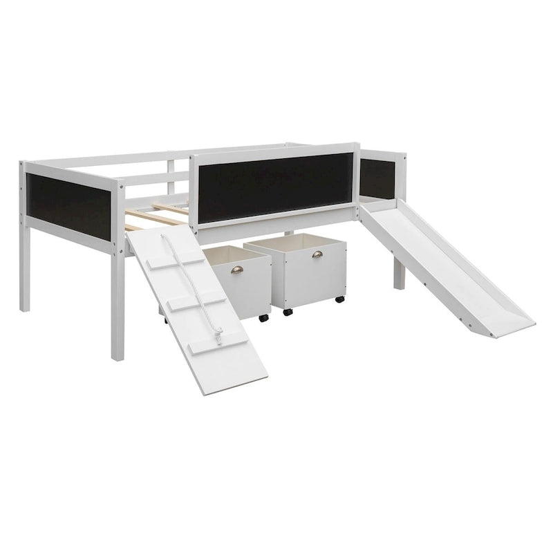 Lit mezzanine en bois, format jumeau, avec deux boîtes de rangement