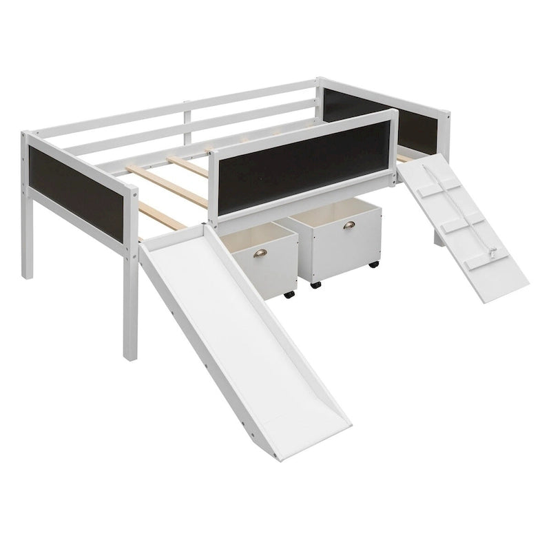 Lit mezzanine en bois, format jumeau, avec deux boîtes de rangement