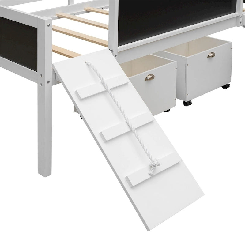 Lit mezzanine en bois, format jumeau, avec deux boîtes de rangement