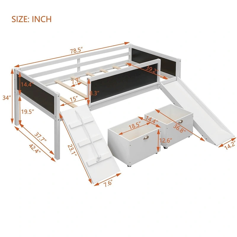 Lit mezzanine en bois, format jumeau, avec deux boîtes de rangement