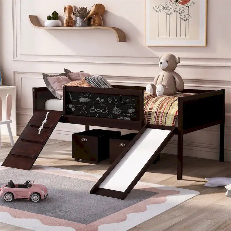 Lit mezzanine en bois, format jumeau, avec deux boîtes de rangement