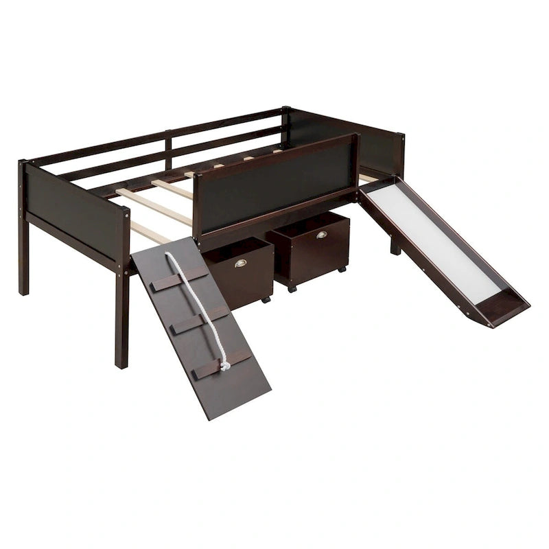 Lit mezzanine en bois, format jumeau, avec deux boîtes de rangement