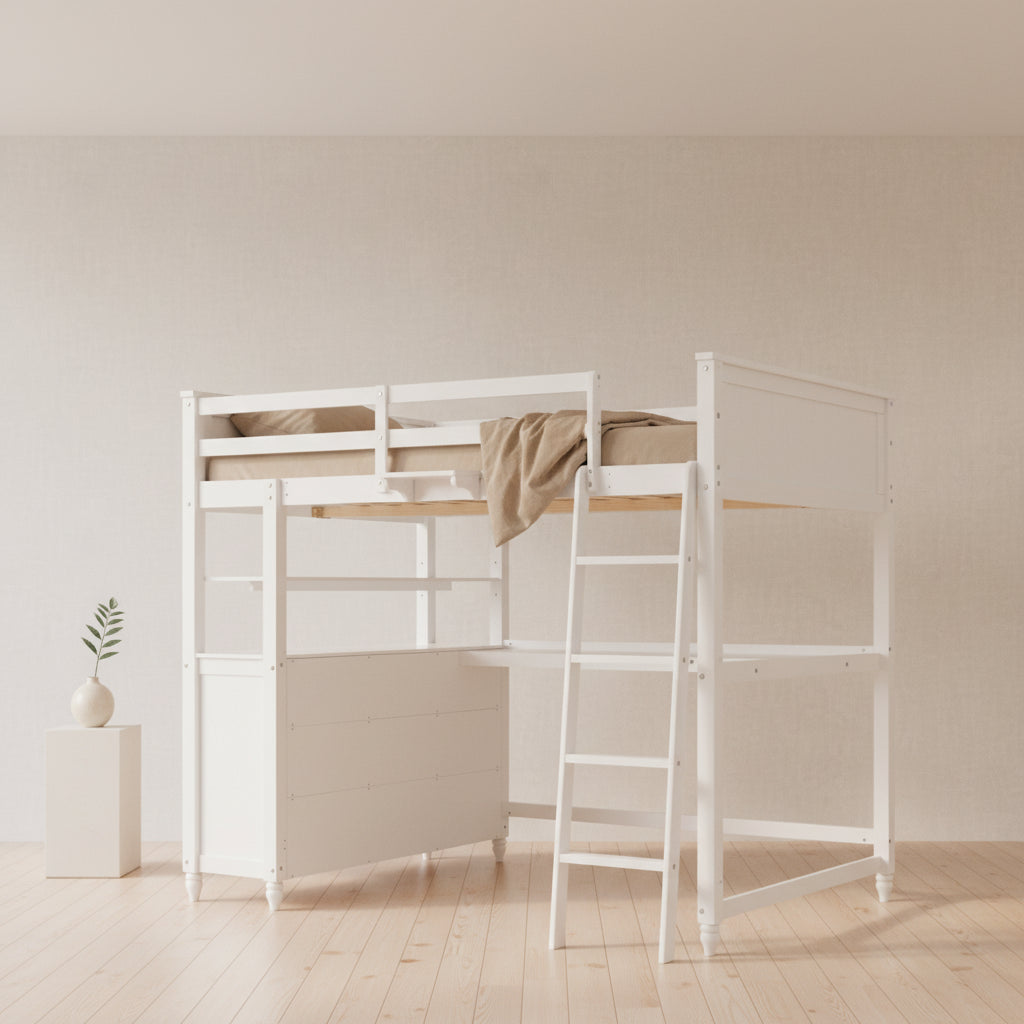 Full Size Loft Bed with Drawers and Desk, Wooden Loft Bed with Shelves