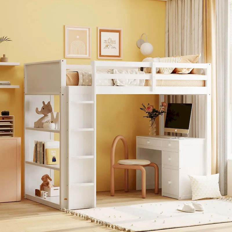 Loft Bed with Ladder, Shelves and Desk