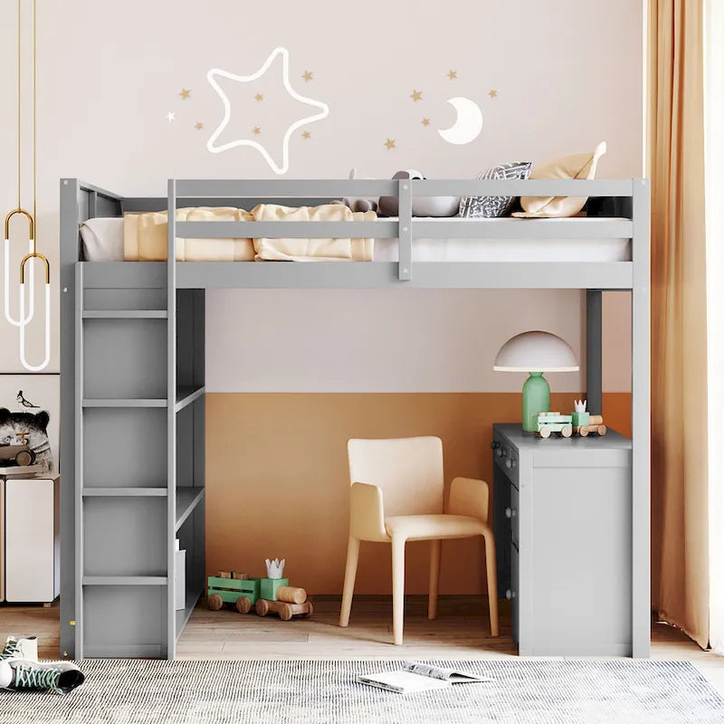 Lit mezzanine avec échelle, étagères et bureau