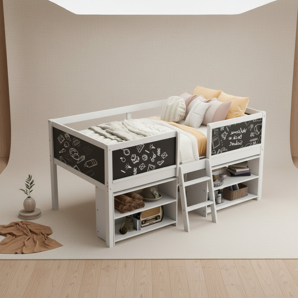 Low Loft Bed with 2 Movable Shelves, Ladder, Decorative Guardrail Chalkboard