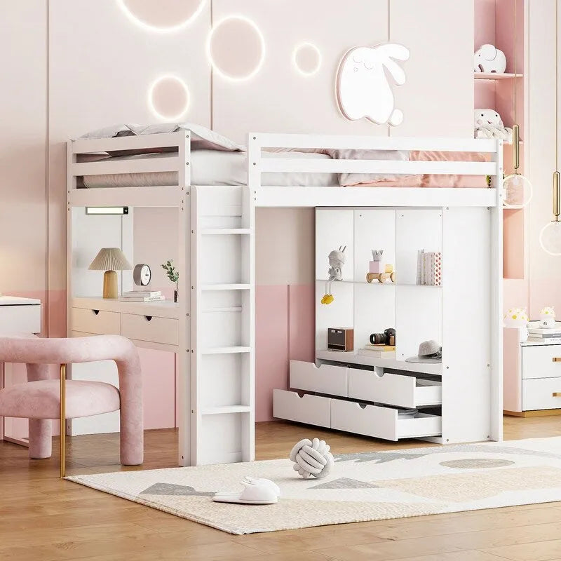 Full Size Loft Bed with Shelves, Drawers,Writing Desk and LED Light