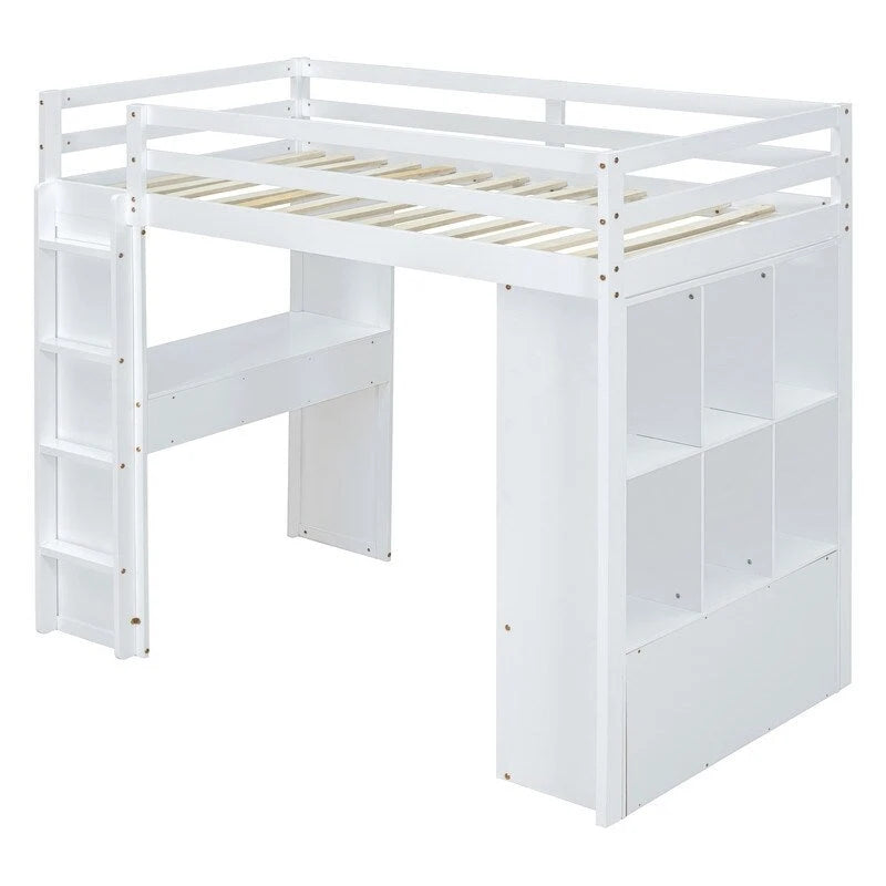 Lit mezzanine grand format avec étagères, tiroirs, bureau et lumière