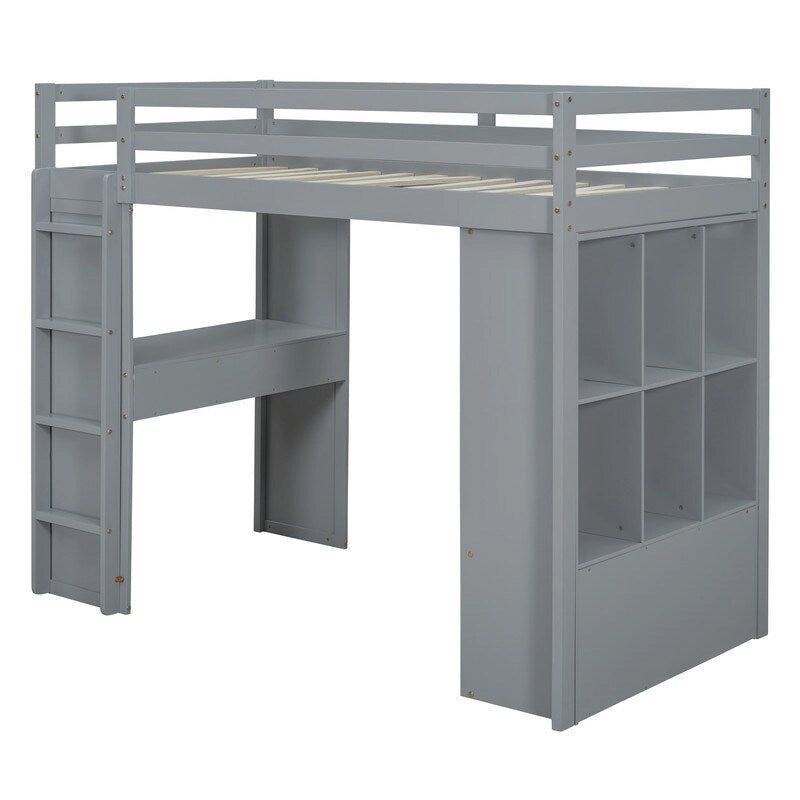 Lit mezzanine grand format avec étagères, tiroirs, bureau et lumière