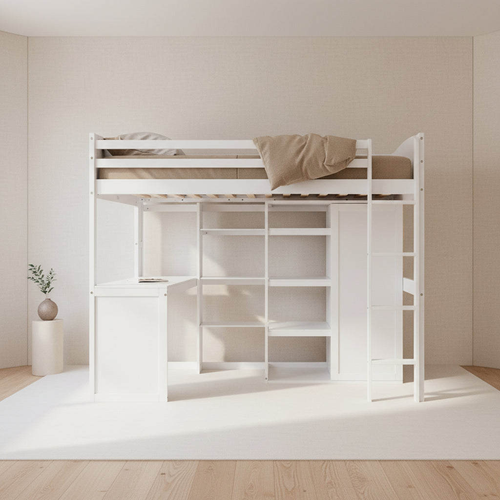 Lit mezzanine en bois pour enfant avec plusieurs étagères de rangement et armoire